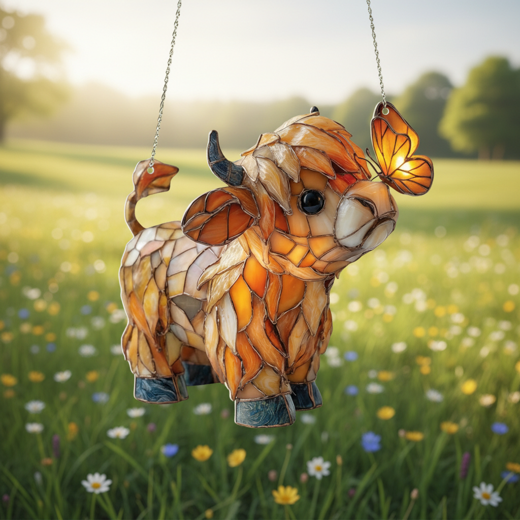 🔥Highland Cow Butterfly Suncatcher | Stained Glass Style Window Hanging