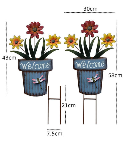 🔥Summer Hot Sale🌻Welcome Flower Pot Metal Garden Decor, Hangable & Stakeable Yard Art