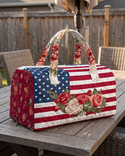 🔥Limited time 50% OFF 🇺🇸🧵 Handcrafted Patriotic Quilted Tote Bag – 3D Floral American Flag Travel Duffel