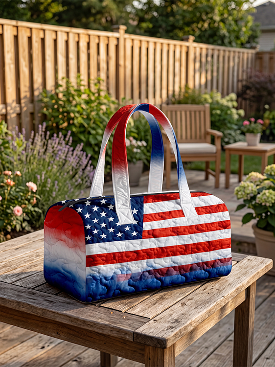 🔥Limited time 50% OFF 🇺🇸🧵 Handcrafted Patriotic Quilted Tote Bag – 3D Floral American Flag Travel Duffel