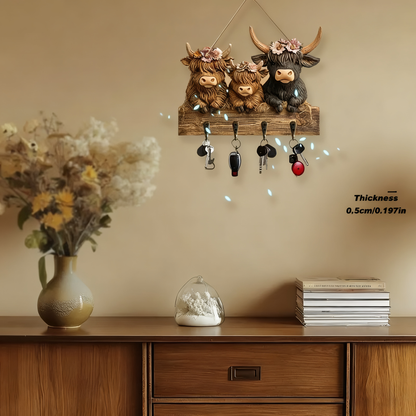 🐮2D- Rustic Highland Cow Wooden Family Key Holder Hanging Ornament with 4 Hooks