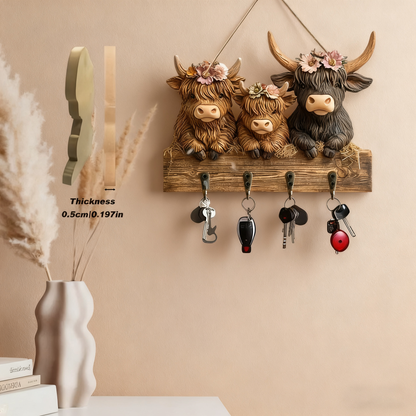 🐮2D- Rustic Highland Cow Wooden Family Key Holder Hanging Ornament with 4 Hooks