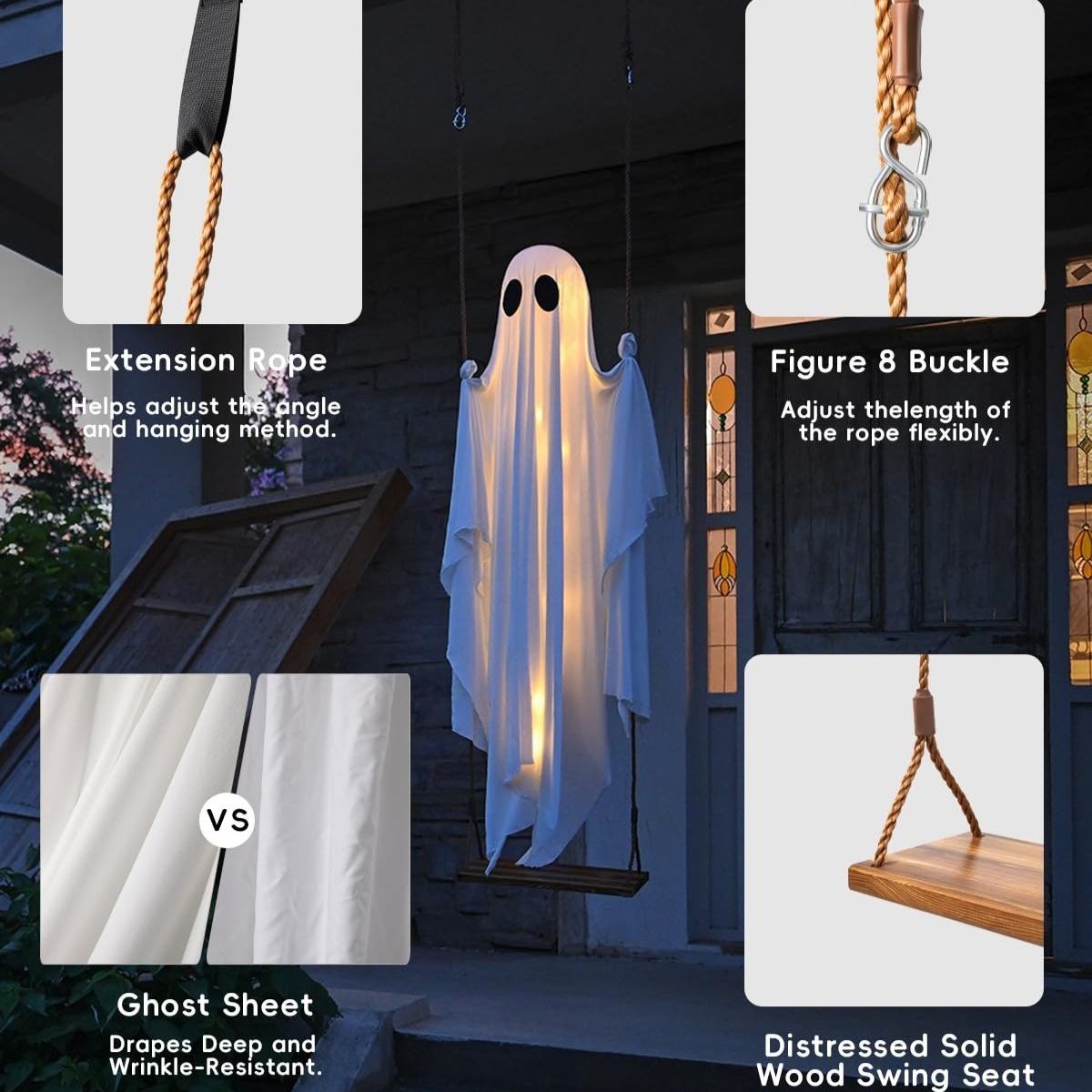 🔥👻Hanging Swing Ghost Halloween Decor with String Lights