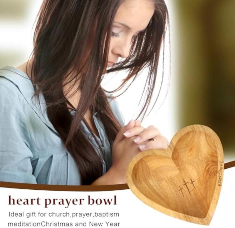 Handmade Retro Wooden Heart Prayer Bowl with 24 Prayer Cards | Cross & Letter Engraving | Christian Decor, Mother’s Day