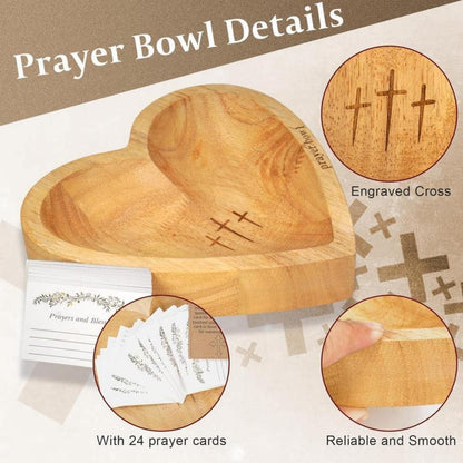 Handmade Retro Wooden Heart Prayer Bowl with 24 Prayer Cards | Cross & Letter Engraving | Christian Decor, Mother’s Day