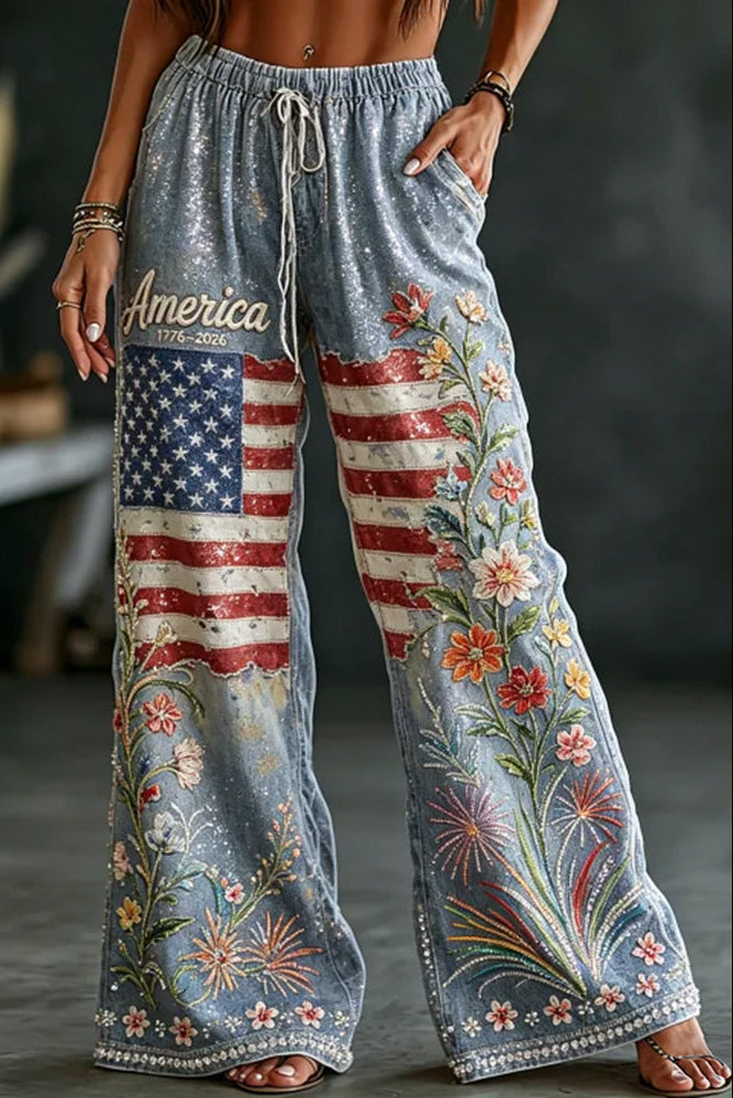 Women's Independence Day Flag And Floral Print Cotton Linen Casual Pants