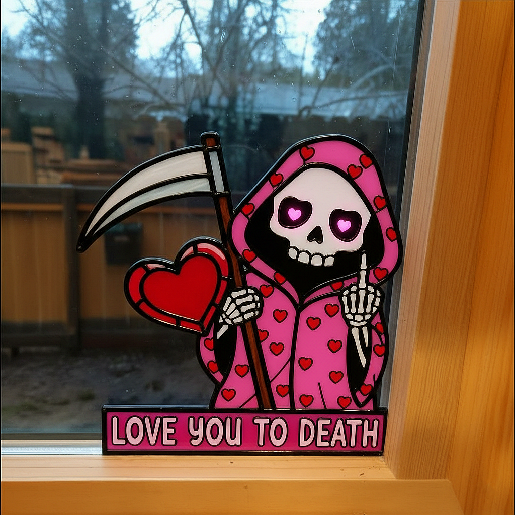 💖Love You To Death Grim Reaper Window Corner Suncatcher | Pastel Goth Valentine's Decor