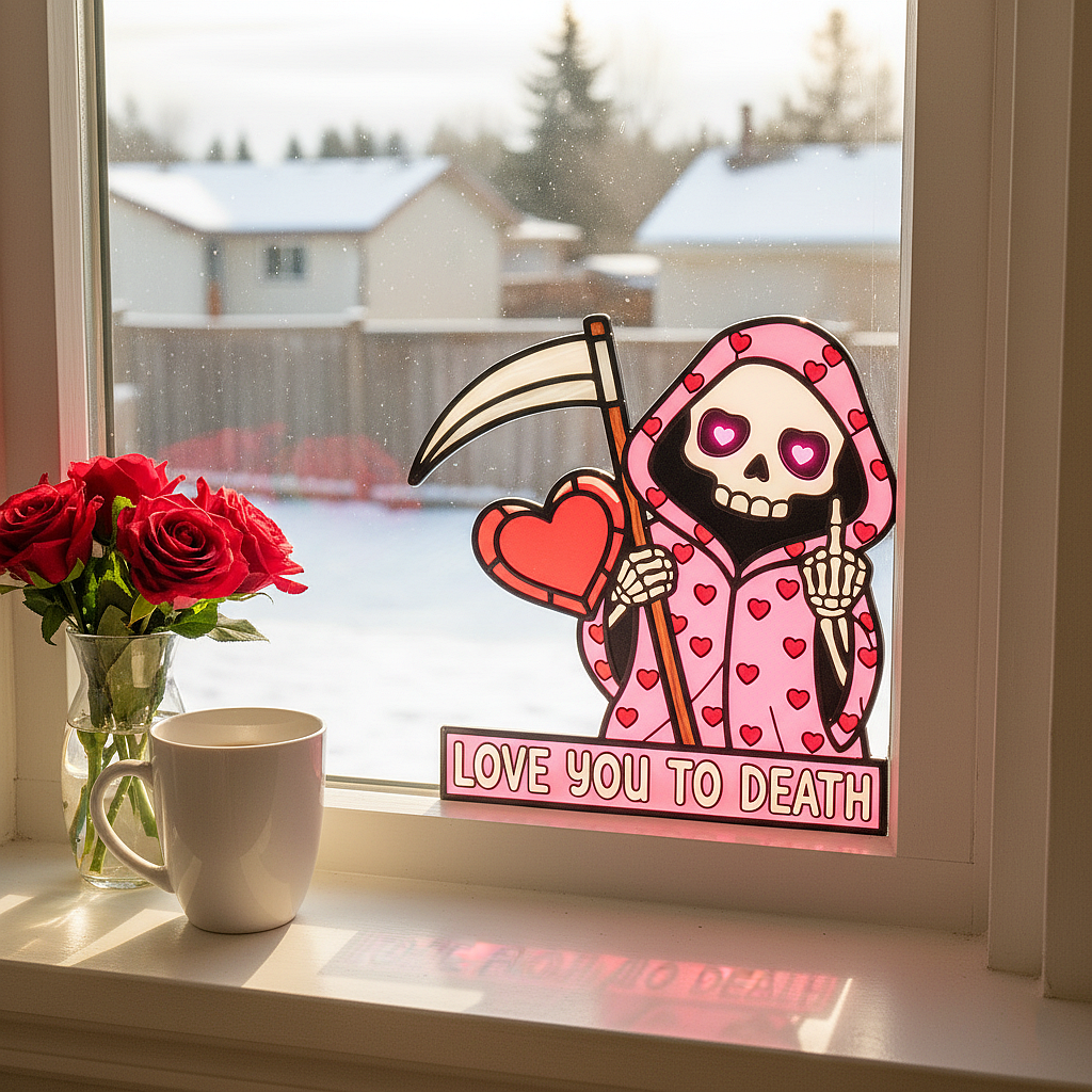 💖Love You To Death Grim Reaper Window Corner Suncatcher | Pastel Goth Valentine's Decor