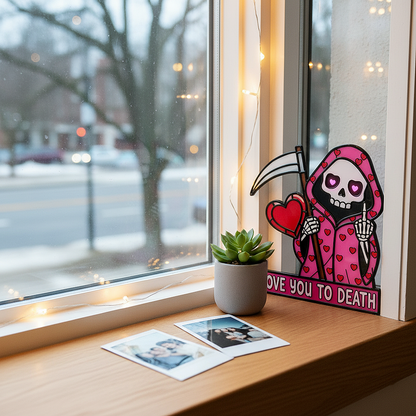 💖Love You To Death Grim Reaper Window Corner Suncatcher | Pastel Goth Valentine's Decor