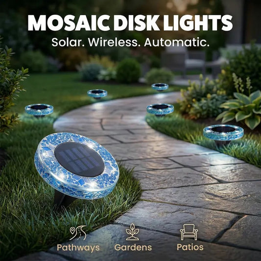 Solar Disk Lights – Handcrafted Mosaic Outdoor LED Waterproof In-Ground & Tabletop Wireless Lighting