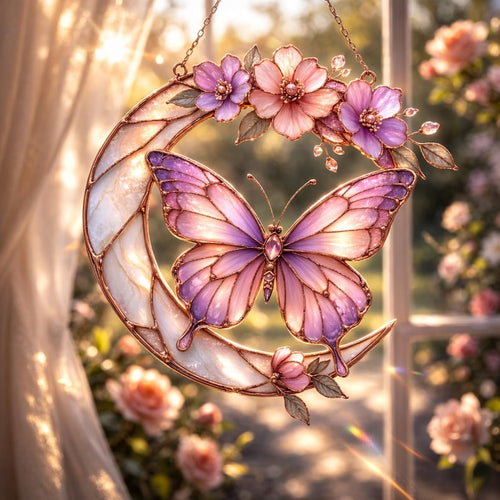 Moonlight Butterfly Stained Glass Hanging Ornament