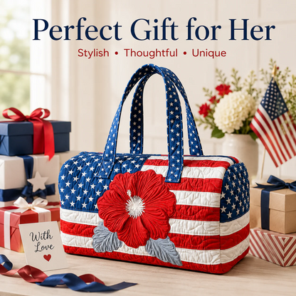 🔥Limited time 50% OFF 🇺🇸🧵 Handcrafted Patriotic Quilted Tote Bag – 3D Floral American Flag Travel Duffel