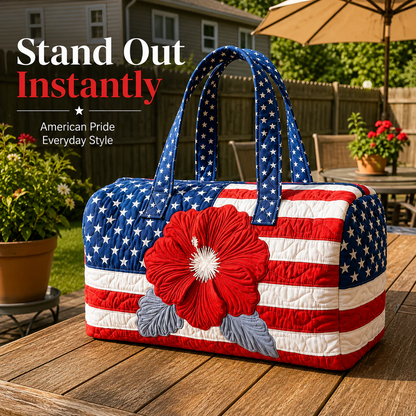 🔥Limited time 50% OFF 🇺🇸🧵 Handcrafted Patriotic Quilted Tote Bag – 3D Floral American Flag Travel Duffel