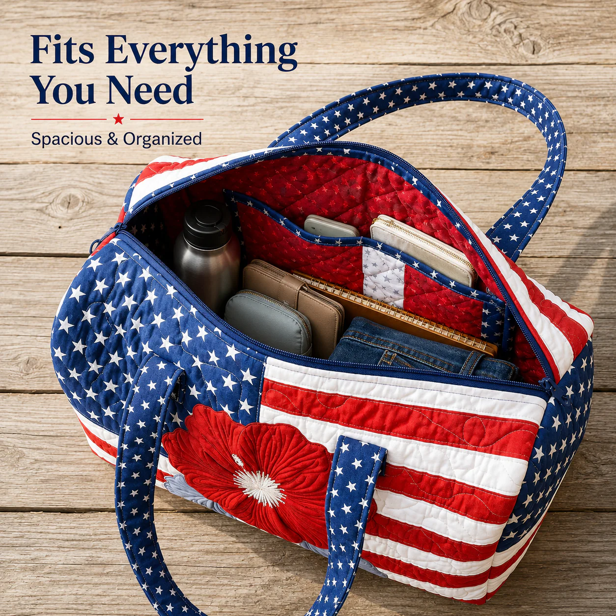 🔥Limited time 50% OFF 🇺🇸🧵 Handcrafted Patriotic Quilted Tote Bag – 3D Floral American Flag Travel Duffel