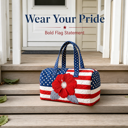 🔥Limited time 50% OFF 🇺🇸🧵 Handcrafted Patriotic Quilted Tote Bag – 3D Floral American Flag Travel Duffel