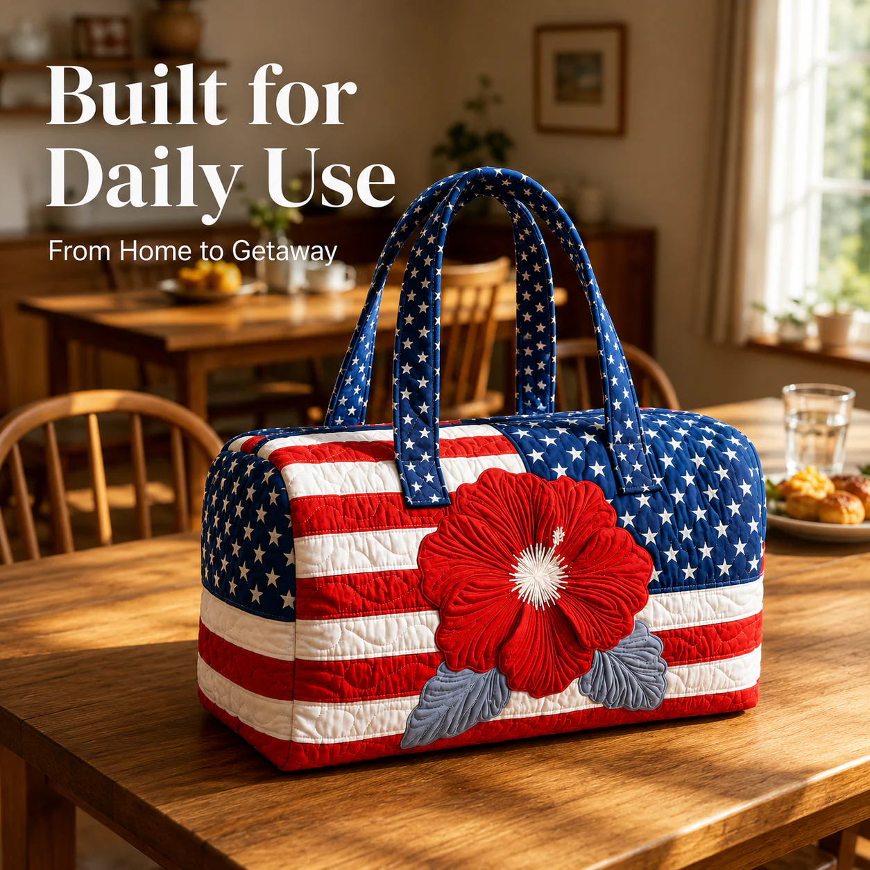 🔥Limited time 50% OFF 🇺🇸🧵 Handcrafted Patriotic Quilted Tote Bag – 3D Floral American Flag Travel Duffel