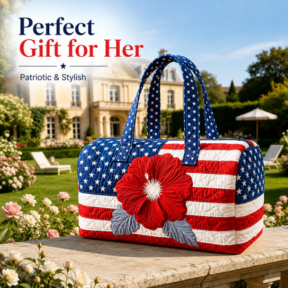 🔥Limited time 50% OFF 🇺🇸🧵 Handcrafted Patriotic Quilted Tote Bag – 3D Floral American Flag Travel Duffel
