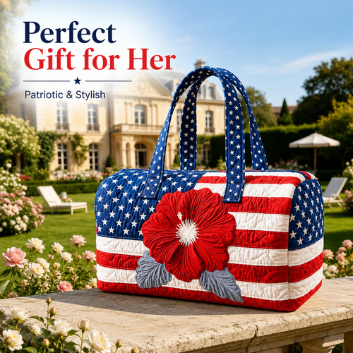 🔥Limited time 50% OFF 🇺🇸🧵 Handcrafted Patriotic Quilted Tote Bag – 3D Floral American Flag Travel Duffel