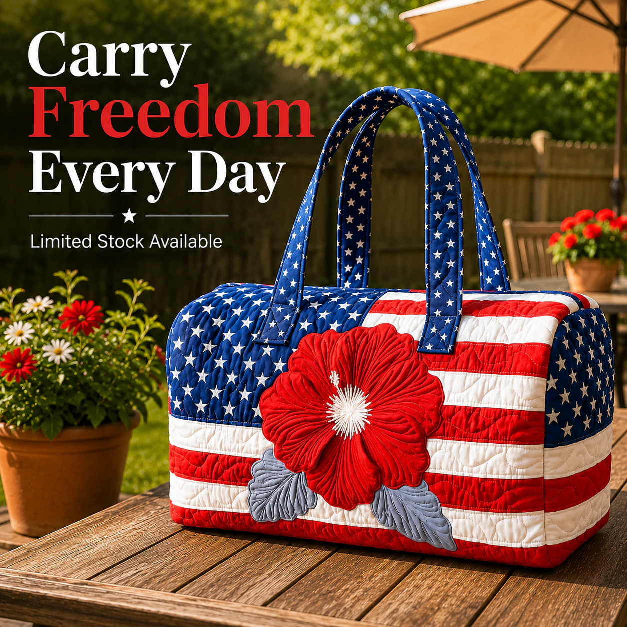 🔥Limited time 50% OFF 🇺🇸🧵 Handcrafted Patriotic Quilted Tote Bag – 3D Floral American Flag Travel Duffel