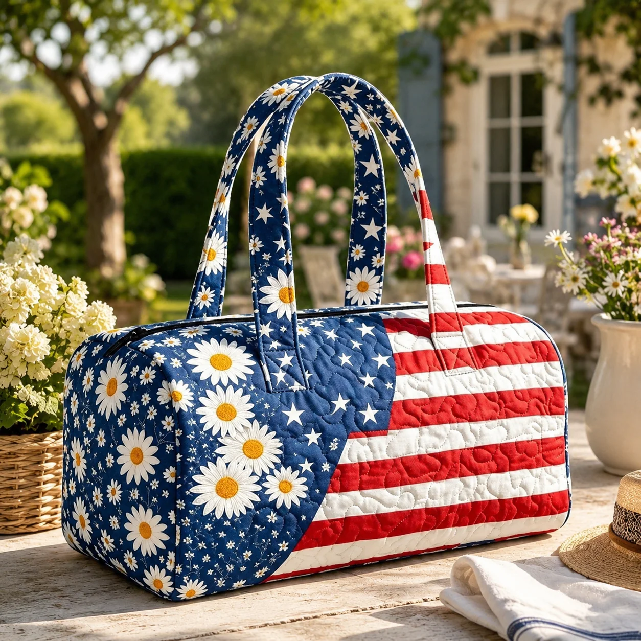 🔥Limited time 50% OFF 🇺🇸🧵 Handcrafted Patriotic Quilted Tote Bag – 3D Floral American Flag Travel Duffel
