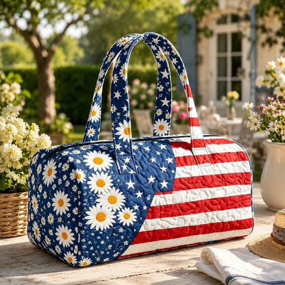 🔥Limited time 50% OFF 🇺🇸🧵 Handcrafted Patriotic Quilted Tote Bag – 3D Floral American Flag Travel Duffel