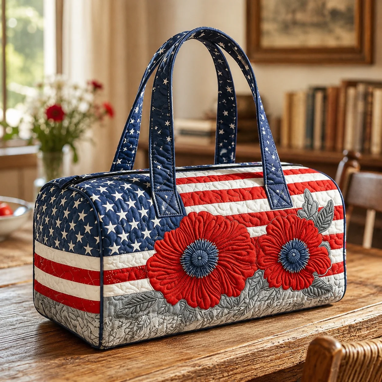 🔥Limited time 50% OFF 🇺🇸🧵 Handcrafted Patriotic Quilted Tote Bag – 3D Floral American Flag Travel Duffel