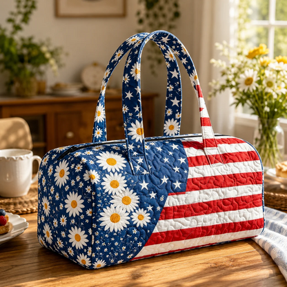 🔥Limited time 50% OFF 🇺🇸🧵 Handcrafted Patriotic Quilted Tote Bag – 3D Floral American Flag Travel Duffel