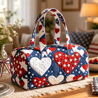 🔥Limited time 50% OFF 🇺🇸🧵 Handcrafted Patriotic Quilted Tote Bag – 3D Floral American Flag Travel Duffel