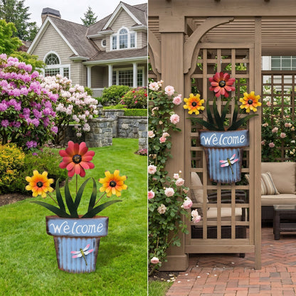 🔥Summer Hot Sale🌻Welcome Flower Pot Metal Garden Decor, Hangable & Stakeable Yard Art