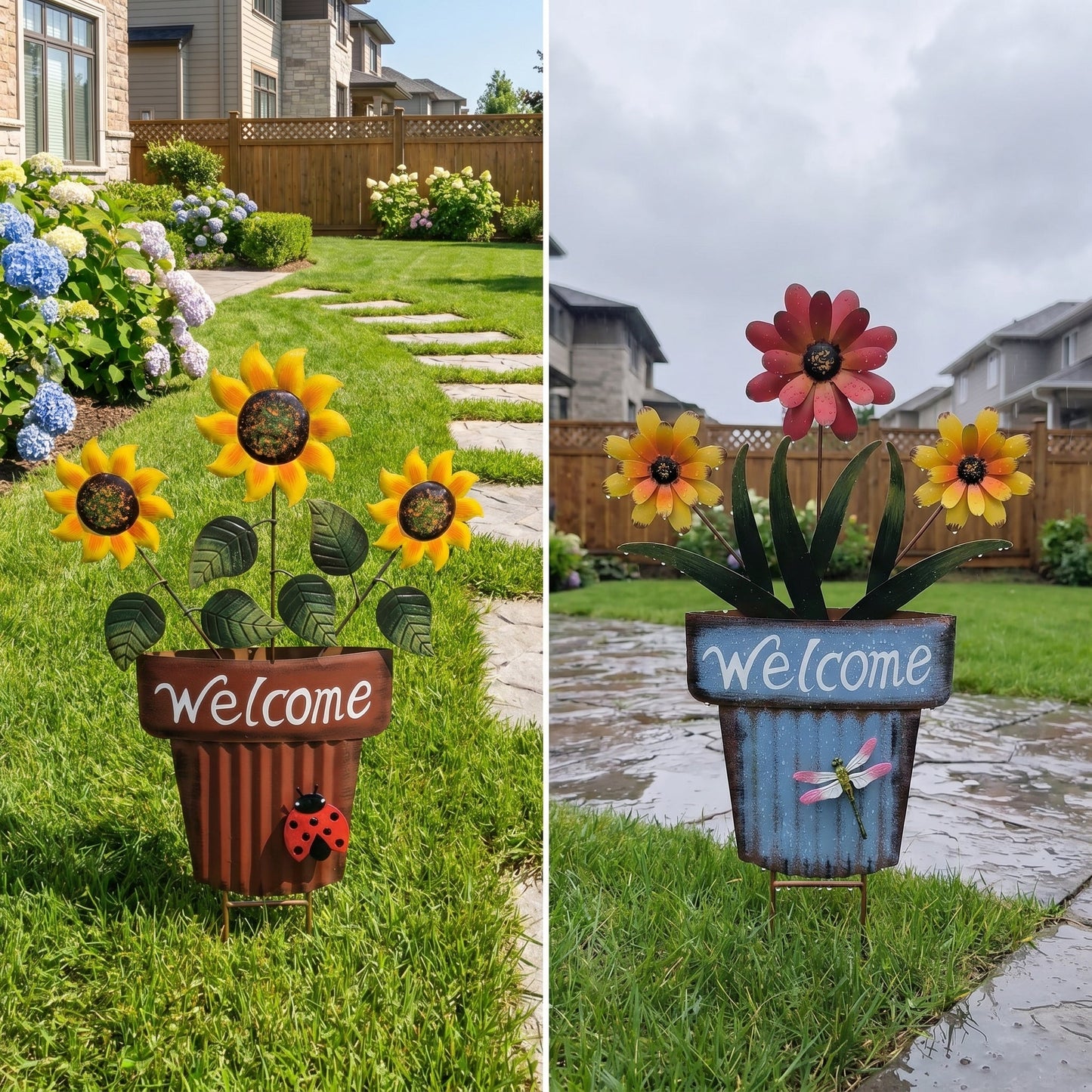 🔥Summer Hot Sale🌻Welcome Flower Pot Metal Garden Decor, Hangable & Stakeable Yard Art