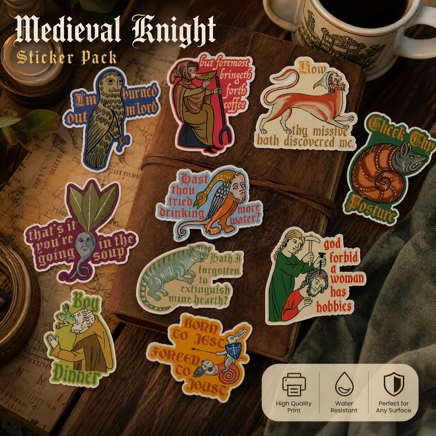 Pack of 10 Funny Ye Ole Medieval Knight Stickers - Unique Gifts