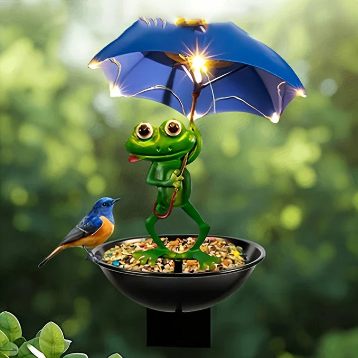Solar-Powered Frog Umbrella Bird Feeder